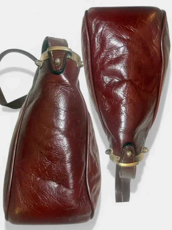 VTG Etienne Aigner Shoulder Bag Oxblood Leather Brass Logo 70s Germany Handmade - Picture 7 of 9